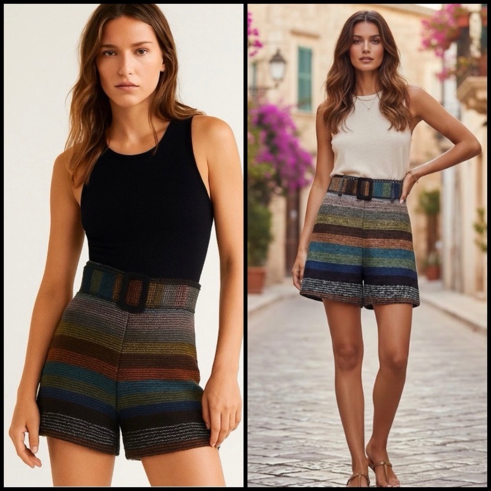 N/Nicholas Textured Horizontal Multicolor Striped Knit Belted Retro Shorts Sz 4